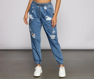 High Rise Denim Cargo Joggers