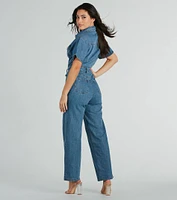 One And Done Short Sleeve Wide-Leg Denim Jumpsuit