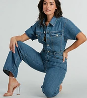 One And Done Short Sleeve Wide-Leg Denim Jumpsuit