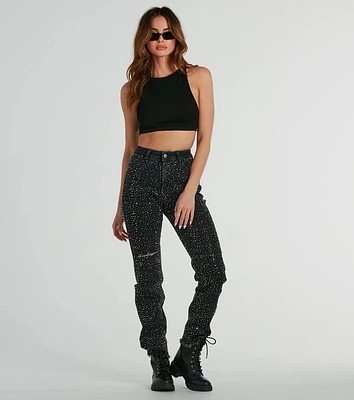 Glam Girlie Rhinestone High Waist Straight-Leg Jeans