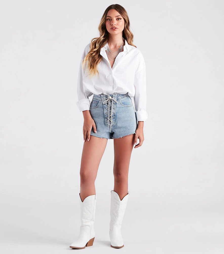 Nothing Short Of Glam Rhinestone Lace-Up Denim Shorts