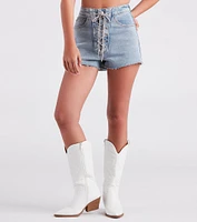 Nothing Short Of Glam Rhinestone Lace-Up Denim Shorts