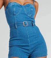 Little Miss Perfect Sweetheart Belted Denim Romper