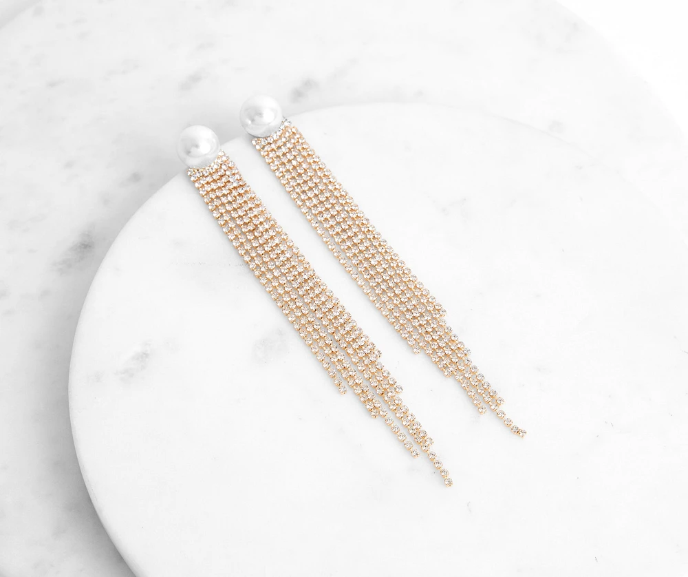 Pearl Rhinestone Fringe Duster Earrings