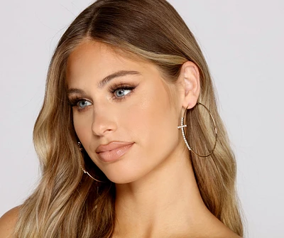 Rhinestone Cross Charm Hoop Earrings