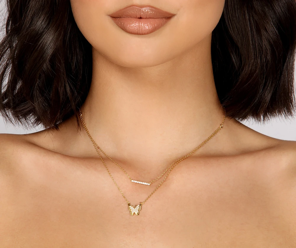 Rhinestone Butterfly and Bar Charm Layered Necklace