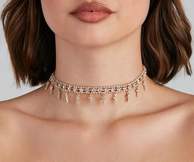 Rhinestone Cross Charm Choker Necklace