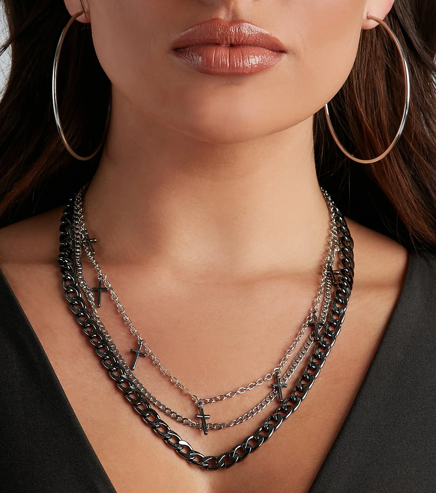 Chic Edge Layered Cross Chain Necklace Set