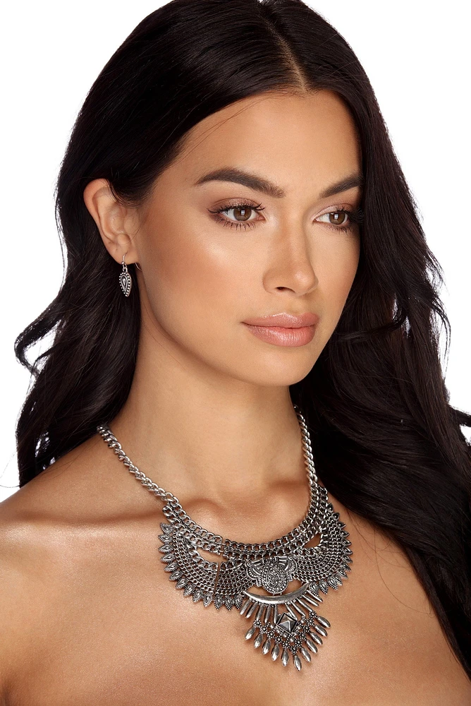 Bold Wing Metal Bib Necklace And Earrings