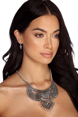 Bold Wing Metal Bib Necklace And Earrings