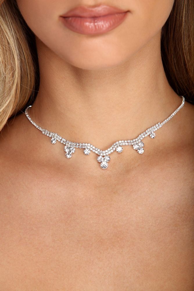 Silver V Rhinestone Necklace.