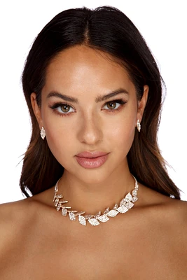 Rhinestone Leaf Collar And Stud Earrings