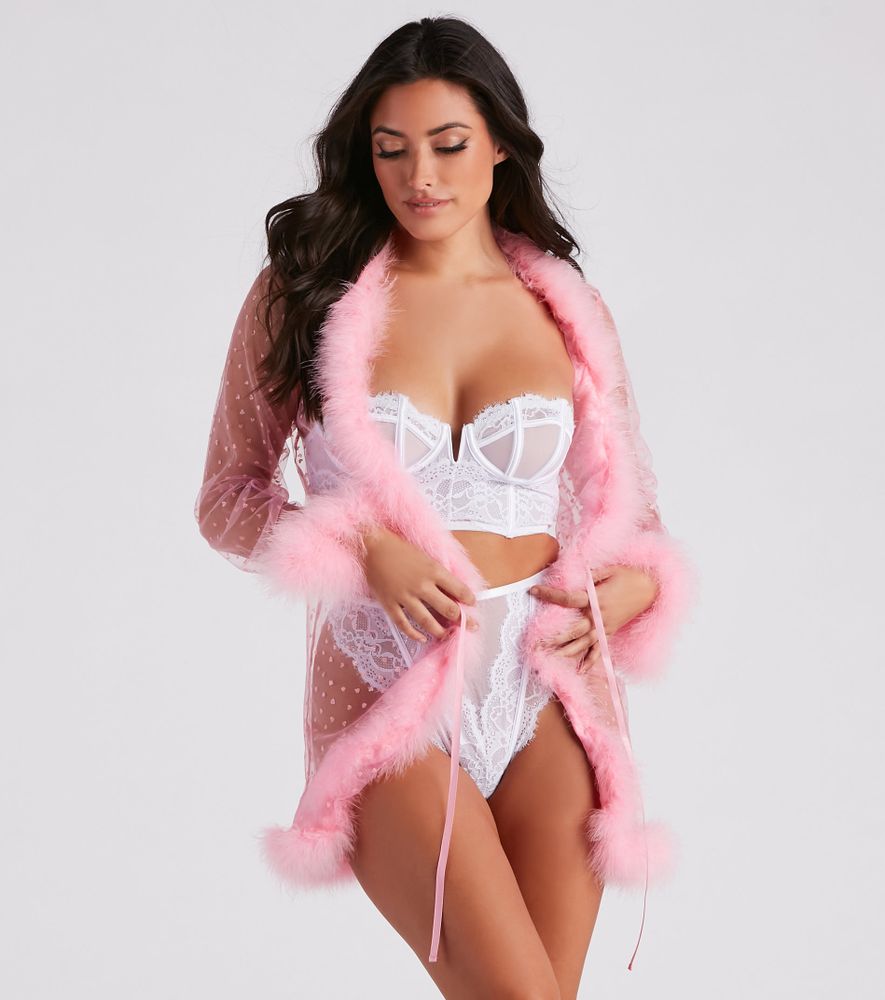 Dreamgirl Lace Trim Satin Bra, Panties & Robe Set