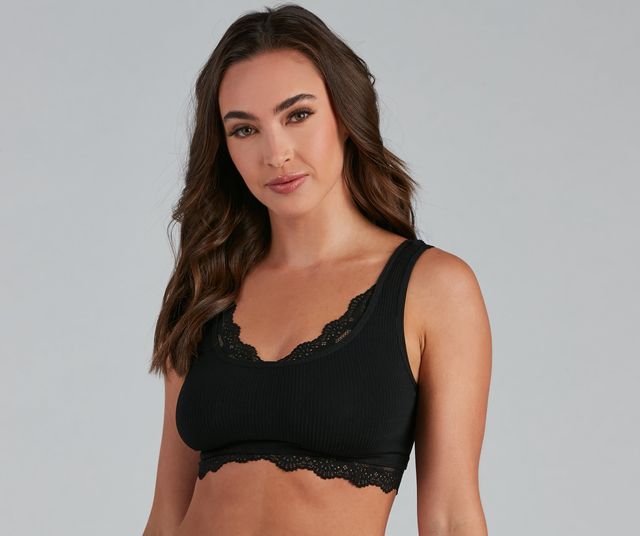 Cotton On scoop ribbed bralet with lace trim in black