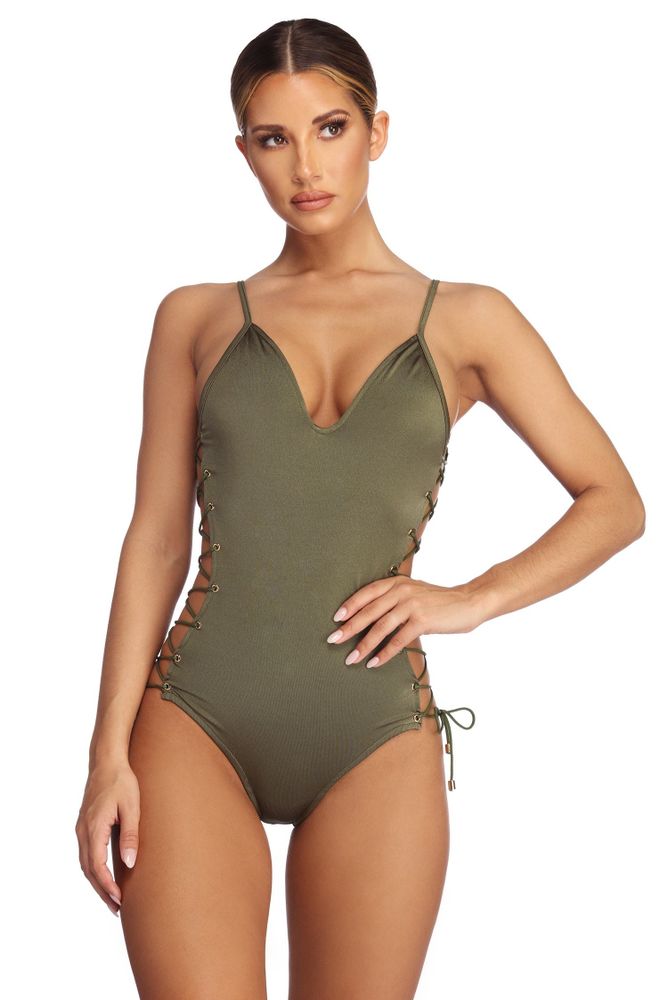 Green Swimwear - Olive One Piece Bikini - Lace Up Monokoni