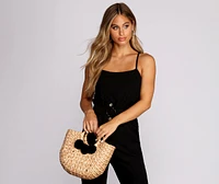 Pom Pom Straw Tote Bag