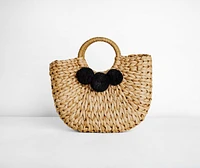 Pom Pom Straw Tote Bag