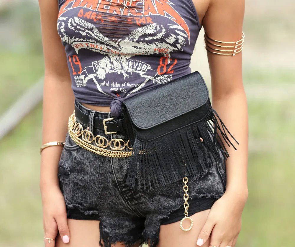 Women's Black Leather Hip Bag With Studs and Fringe Small 