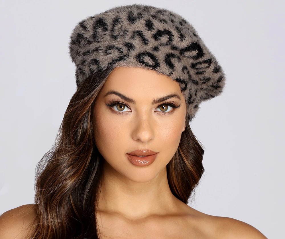 Leopard Print Fuzzy Beret