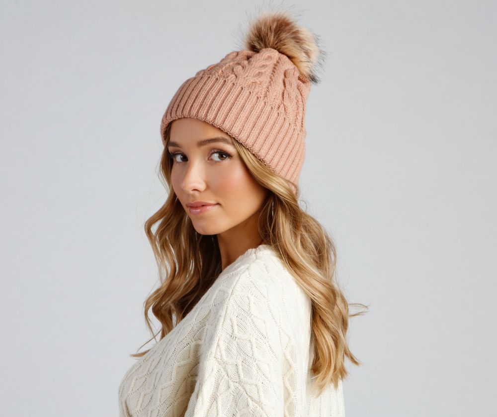 pom pom cable knit beanie