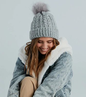 Snow Business Cable Knit Faux Fur Pom Beanie