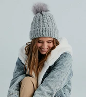 Snow Business Cable Knit Faux Fur Pom Beanie