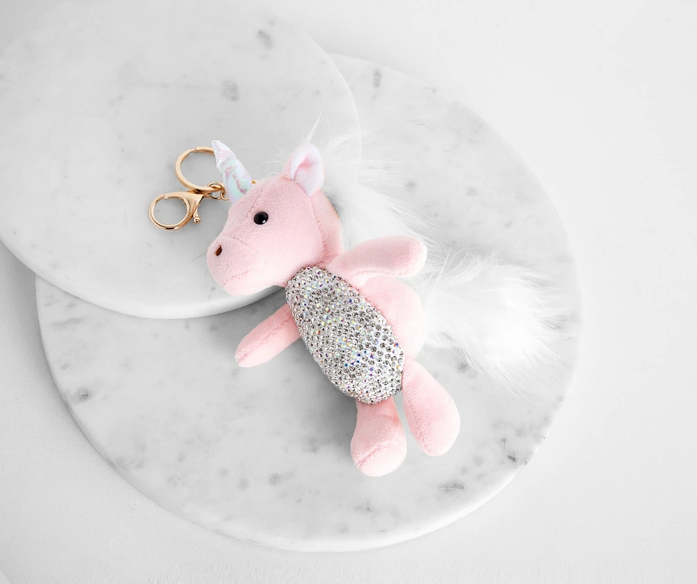 Plush Rhinestone Unicorn Keychain