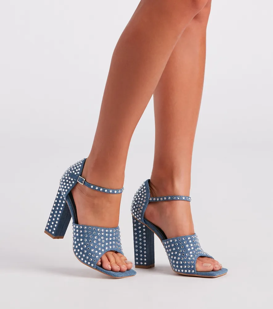 ALMUDENA Blue Denim Block Heel Sandals Jeans Cloth Chunky Heel Platform  Summer Dress Shoes Buckle Strap Color Patchwork Pumps