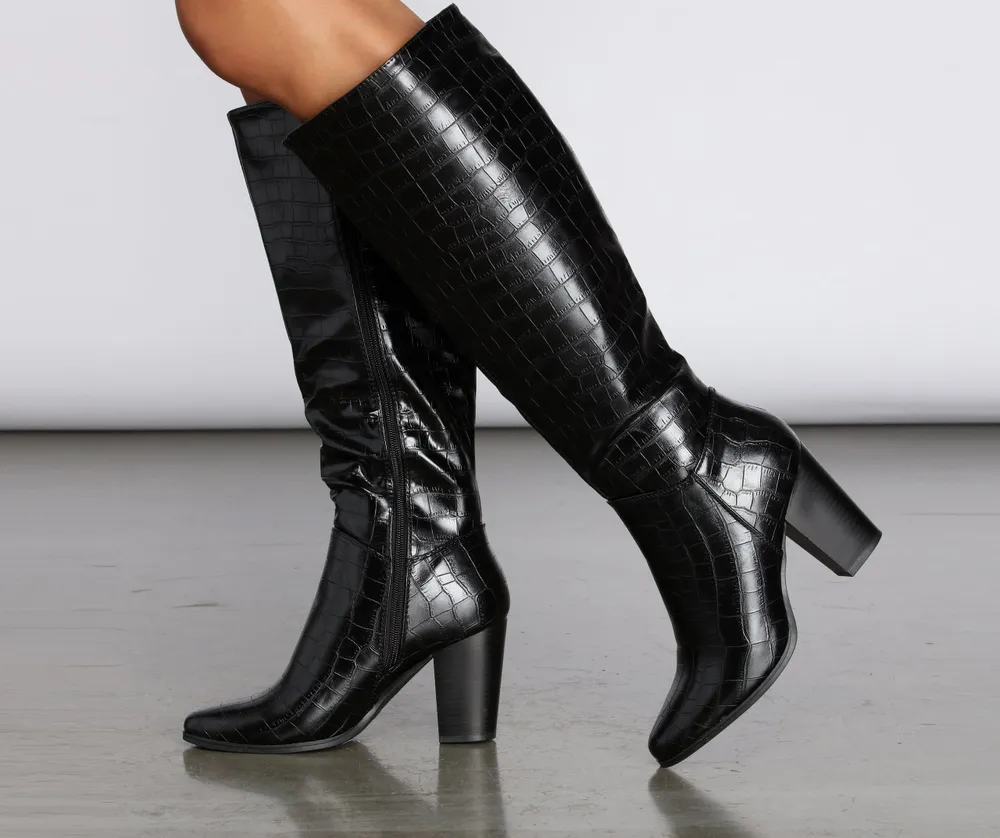 croc embossed knee high boots