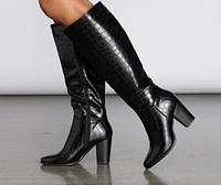 Crocodile Embossed Knee High Boots