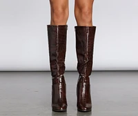 Crocodile Embossed Knee High Boots