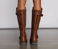 Quilted Faux Leather Buckle Detail Boots