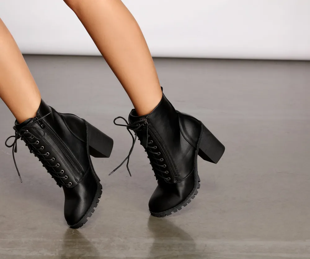 black heeled combat booties