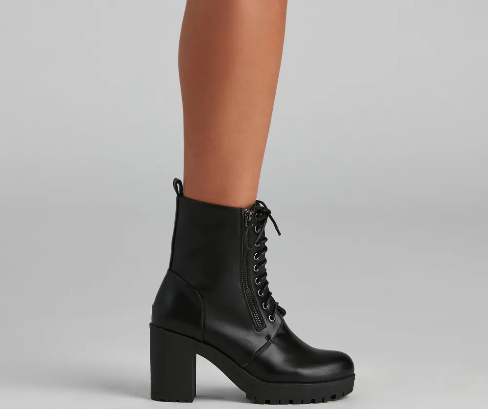 black heeled combat booties