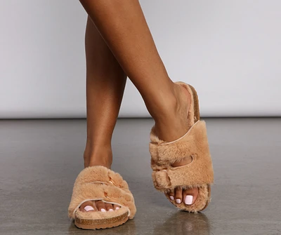Double Buckle Faux Fur Slippers