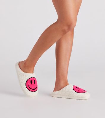 Be Happy Face Faux Sherpa Slippers