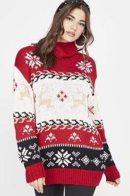 Reindeer Fair Isle Printed Turtleneck Ugly Christmas Sweater
