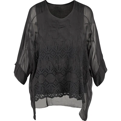 Embroidered Scoop-Neck Flowing Sleeve Top