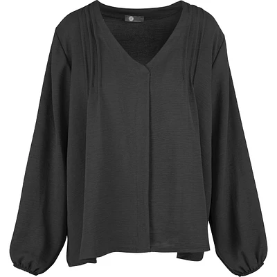 Pleated Shoulders V-Neck Long Sleeve Top