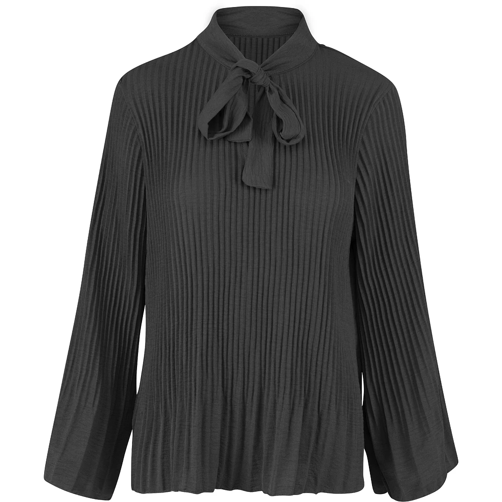 Self-Tie Bow Mocc-Neck Long Sleeve Top