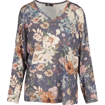 Printed V-Neck Long Sleeve Knit Top — Medieval Blue Wild Blooms