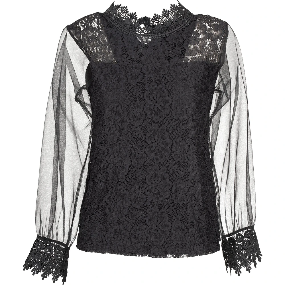 Lace Long Sleeve Woven Top — Black