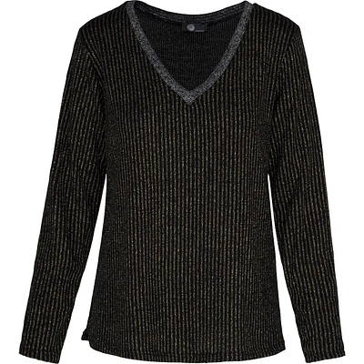 Gold Stripe V-Neck Long Sleeve Top — Black