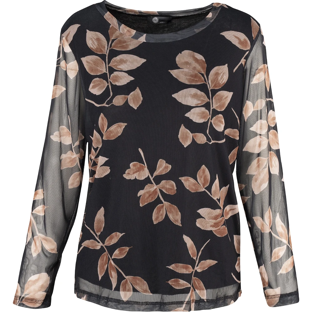 Crew Neck Sheer Long Sleeve Printed Top — Black Branches