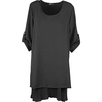 Scoop Neckline Woven Dress With Rollable Long Sleeves