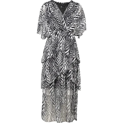 Printed V-Neck Dress With Flowing Cap-Sleeves