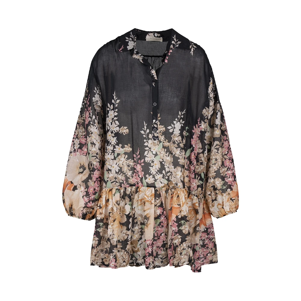 Astrid — Robe longue tissée pour femme Motif floral noir