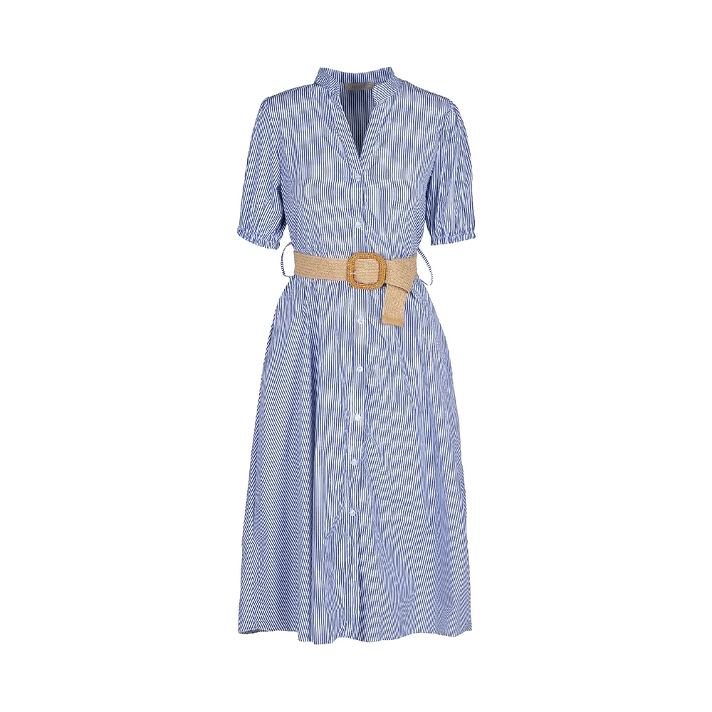 Astrid — Robe longue tissée pour femme Rayures bleues