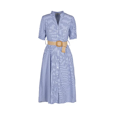 Astrid — Robe longue tissée pour femme Rayures bleues