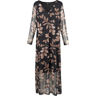 Printed V-Neck Dress With Sheer Long Sleeves — Black Branches